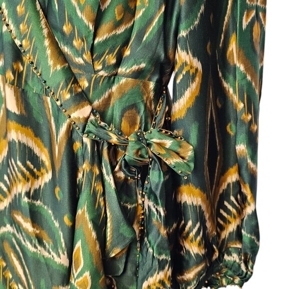 Farm Rio Pineapple Ikat Asymmetric Hem Wrap Dress, Beaded, V-Neck, Tie, Size S - Picture 11 of 12